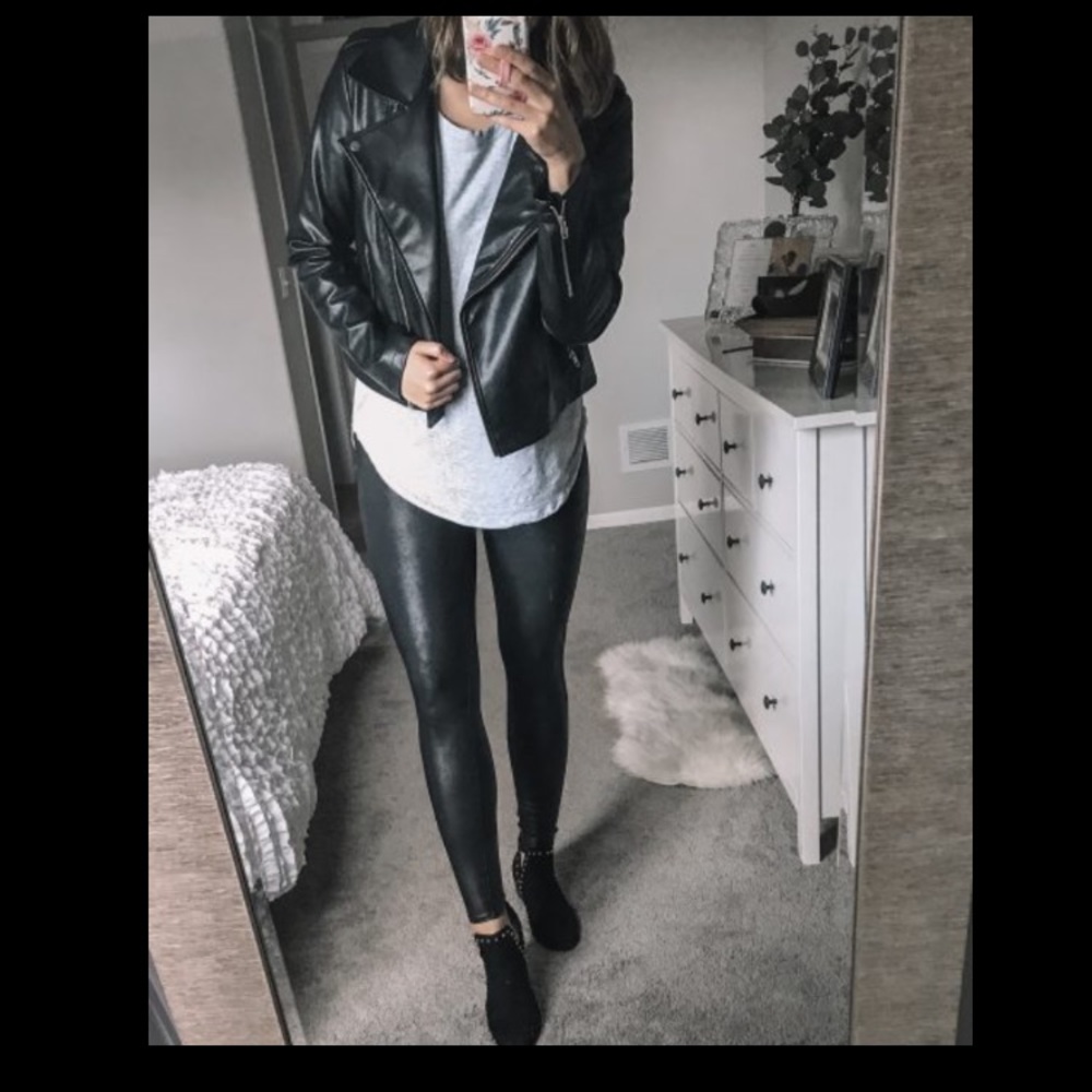 Faux Leather Moto Black Pull On Tights Leggings Sz Large L - Picture 14 of 15